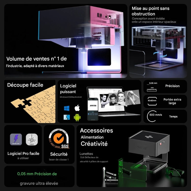 Graveur Laser bois - DAJA DJ6, Portable Bluetooth 3W pour Bois, Cuir, Papier, Plastique et Métal Peint