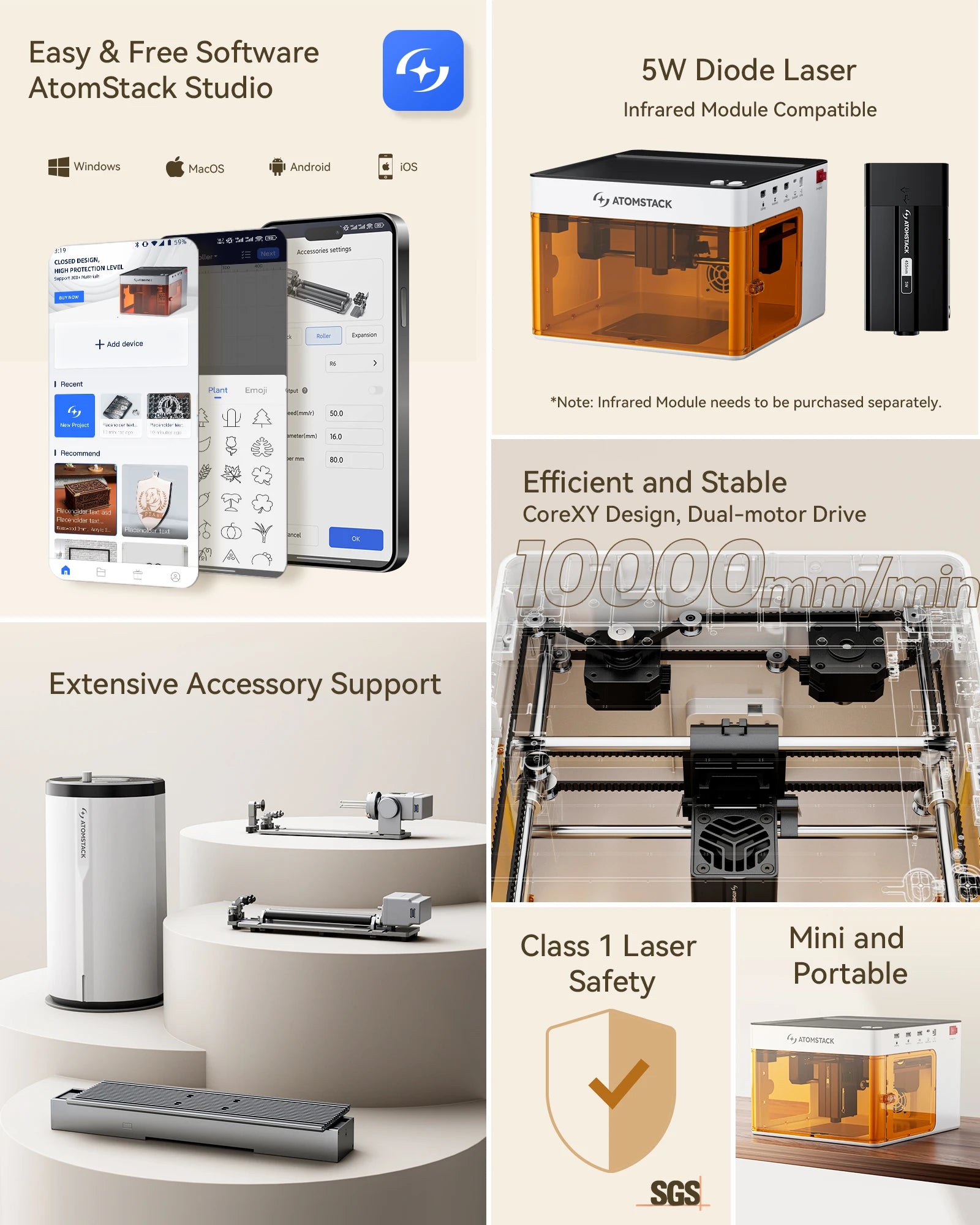 Graveur laser -Atomstack P1 Mini Portable 5W Bluetooth pour Bricolage et Personnalisation