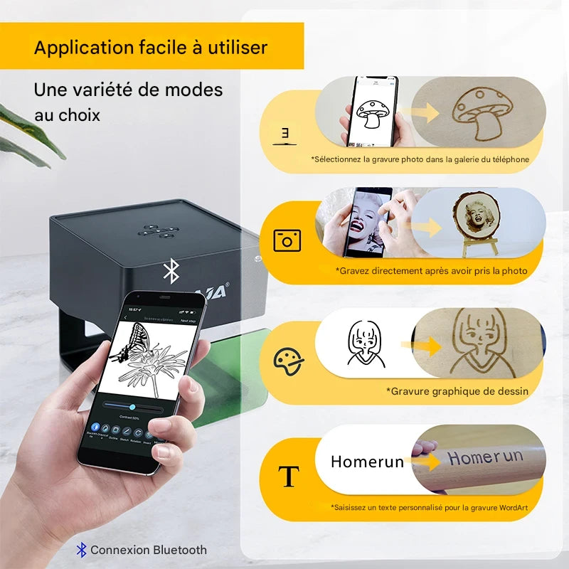 Graveur Laser bois - DAJA DJ6, Portable Bluetooth 3W pour Bois, Cuir, Papier, Plastique et Métal Peint